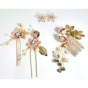 Pink Flower Wedding Hair Comb, Bridal Flower Hairpins rose gold colored earrings